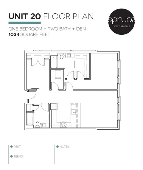 Floor plan for 1 bed, 2 baths, 1034 sqft